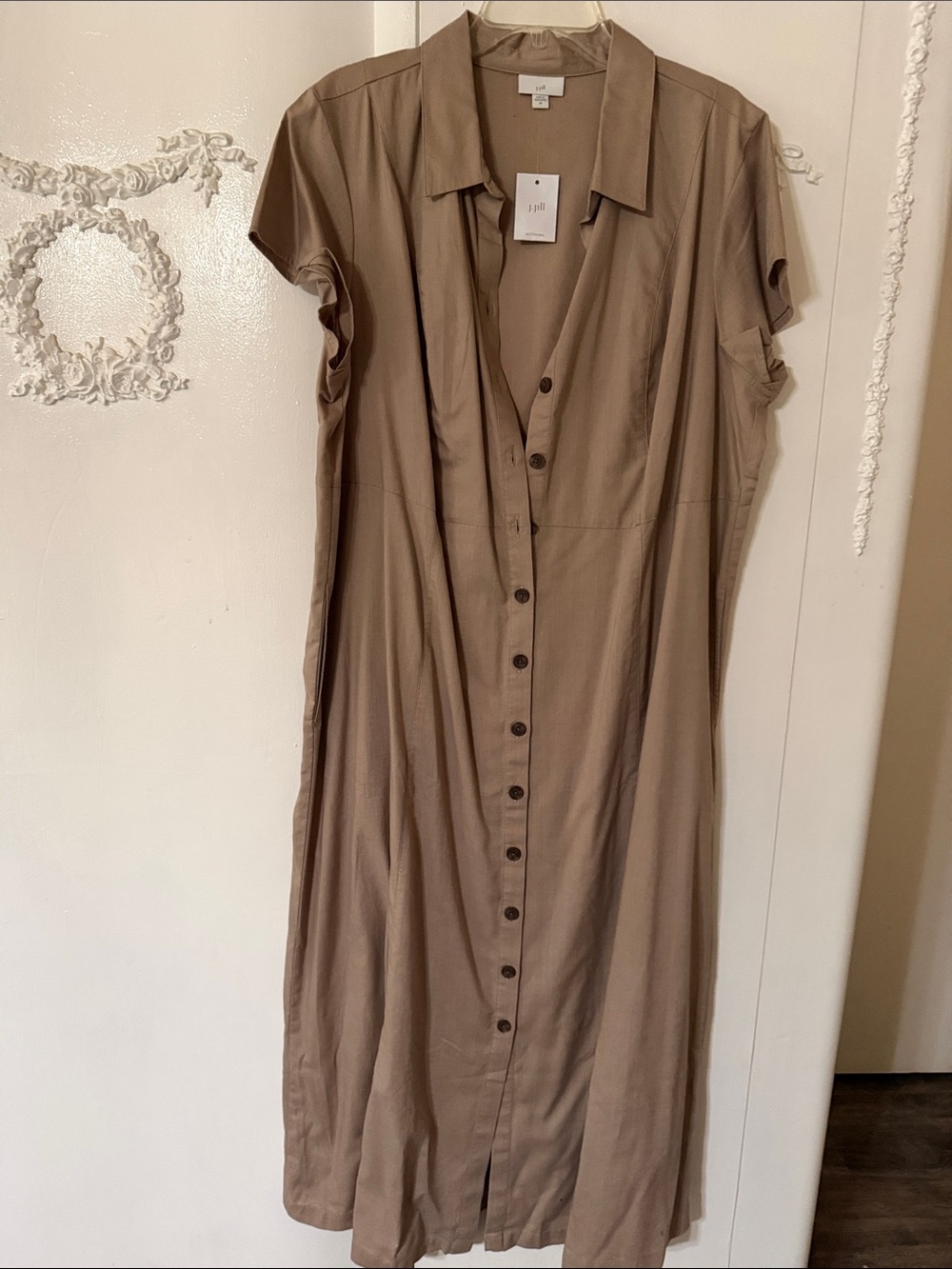 J. Jill Taupe Button-Front Short-Sleeve Maxi Dress 2XL